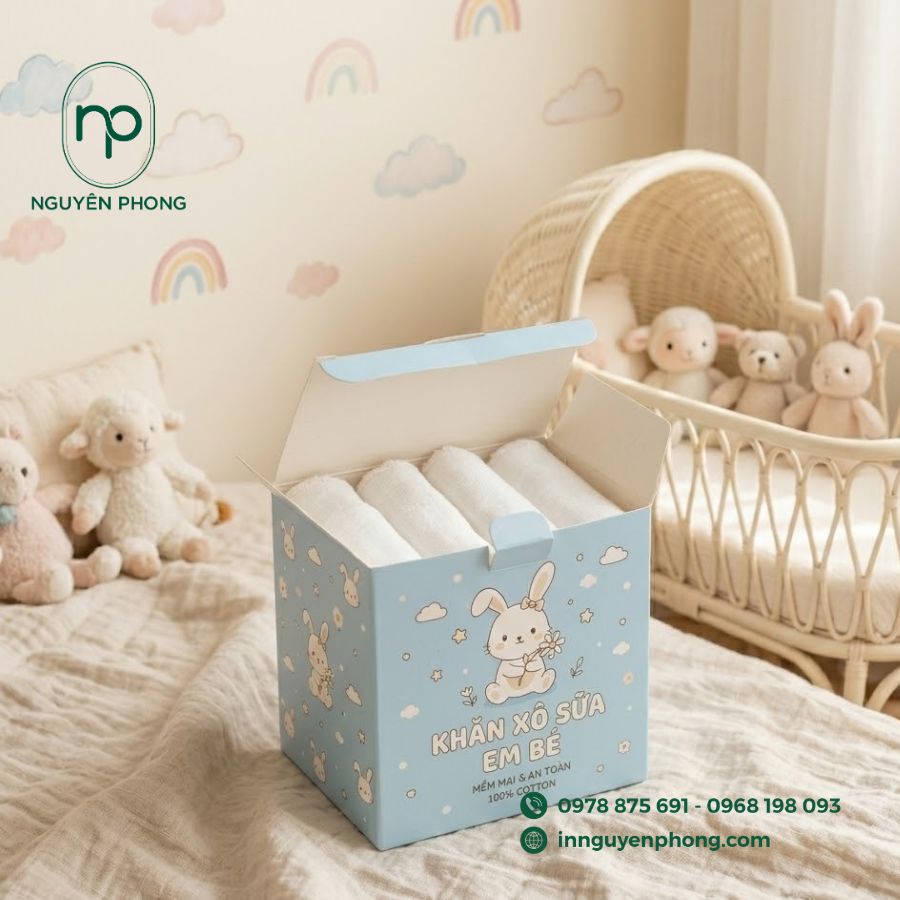 in hộp đựng khăn xô, khăn sữa cho em bé